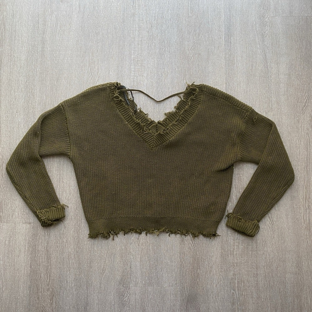 Forever 21 Green Deep V-Neck Sweater Frayed Detail Women's Size Small 1429